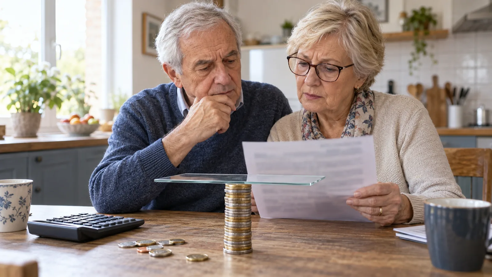 Un couple de retraités examine un relevé de pension derrière une pile de pièces plafonnée par une plaque de verre