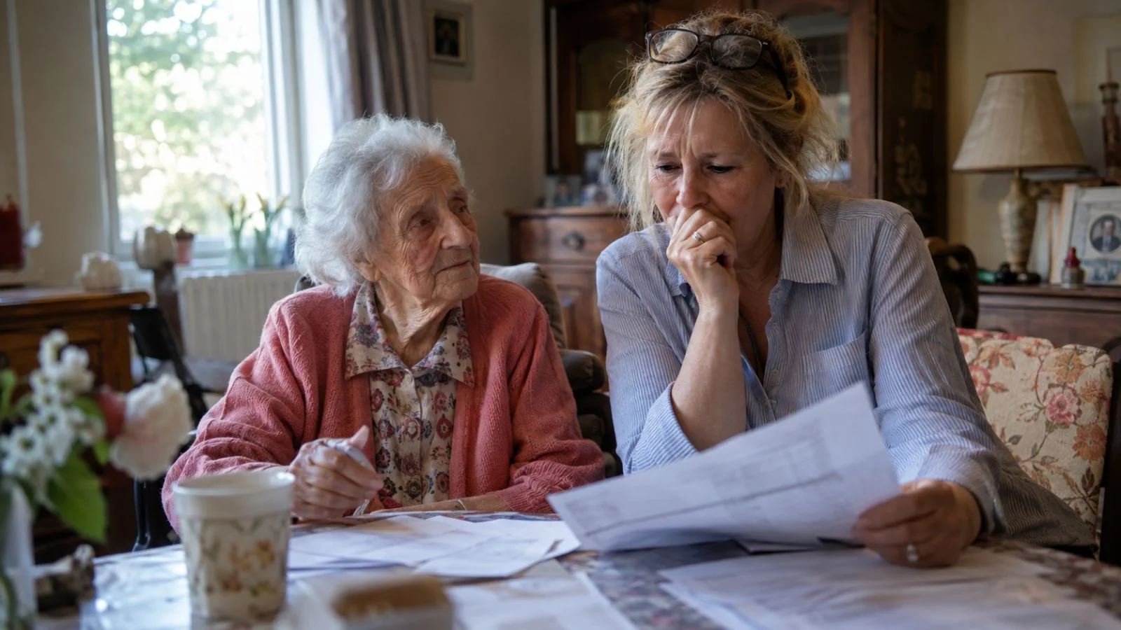 Une femme aide sa mère âgée à examiner des documents concernant les aides disponibles à domicile