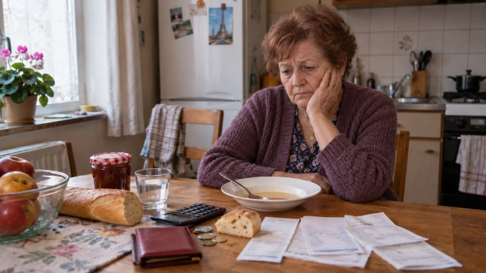 Une retraitée assise devant une assiette, une calculatrice et des factures dans sa cuisine