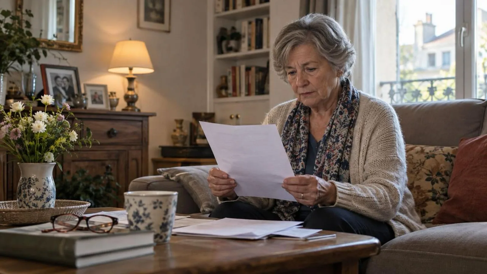 Une femme examine d’anciens documents bancaires après le décès d’un proche