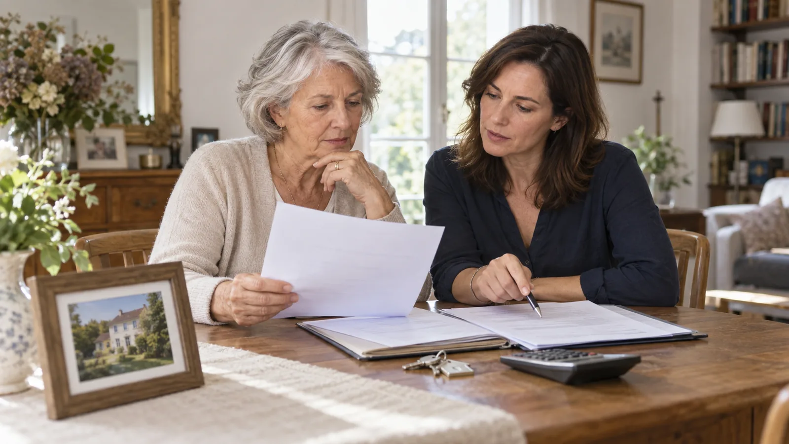 Une mère senior et sa fille préparent la transmission d’une maison autour de documents et de clés