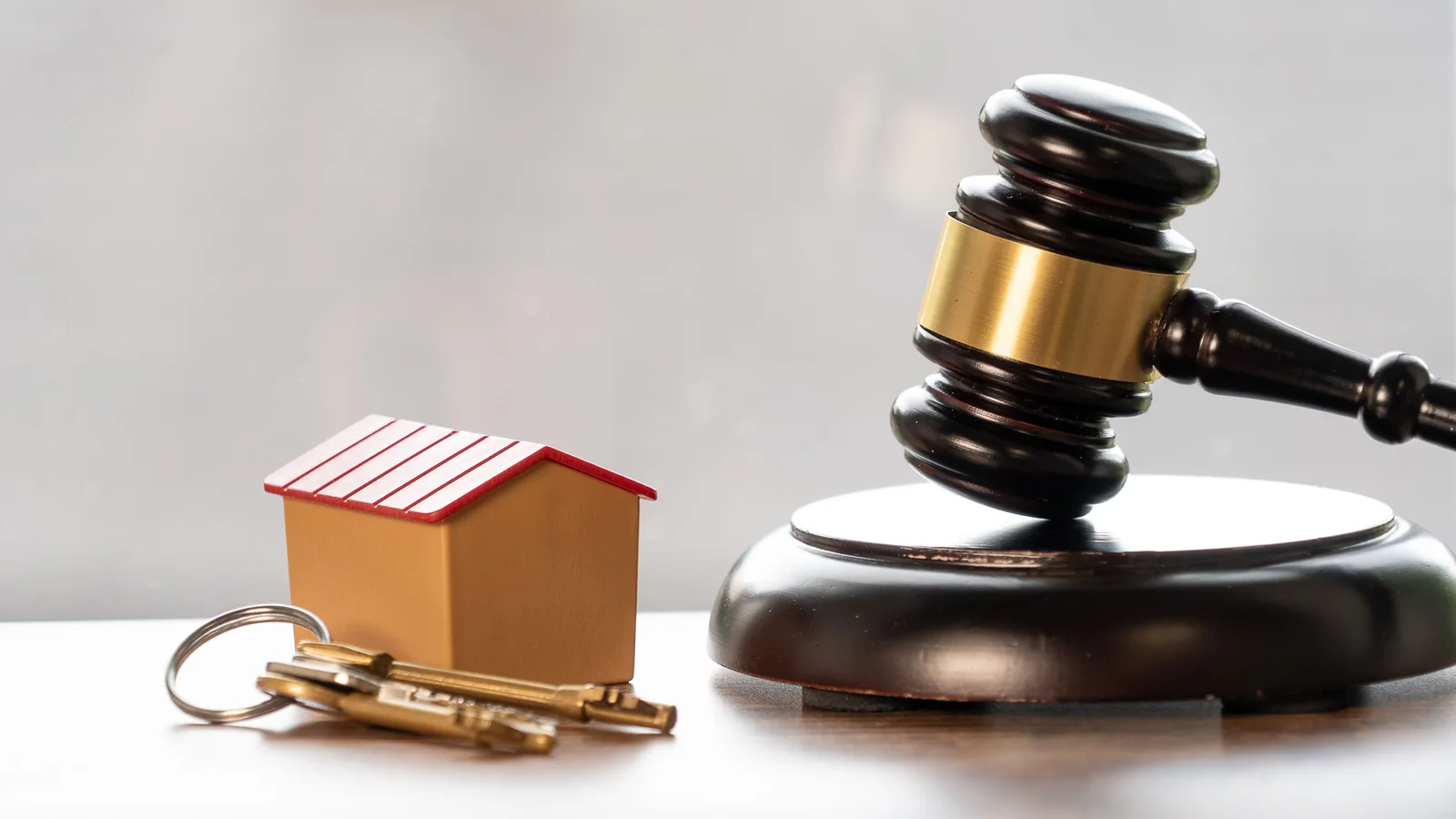 Maison familiale héritée, clés et marteau de justice symbolisant les droits de succession immobilière