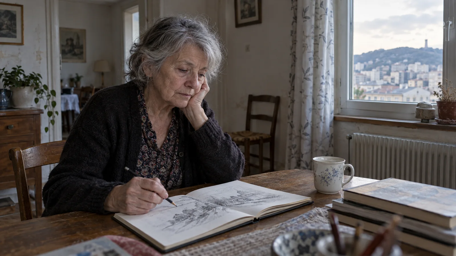 Une femme âgée dessine seule à sa table dans son appartement à Saint-Étienne