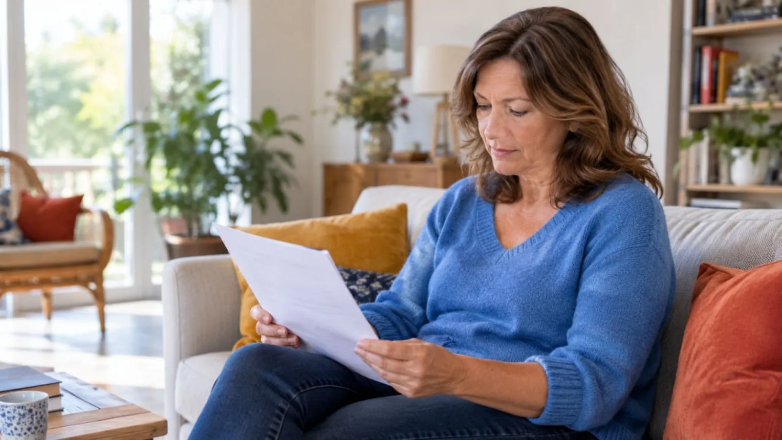 Une femme consulte des documents liés à la maison héritée de sa mère