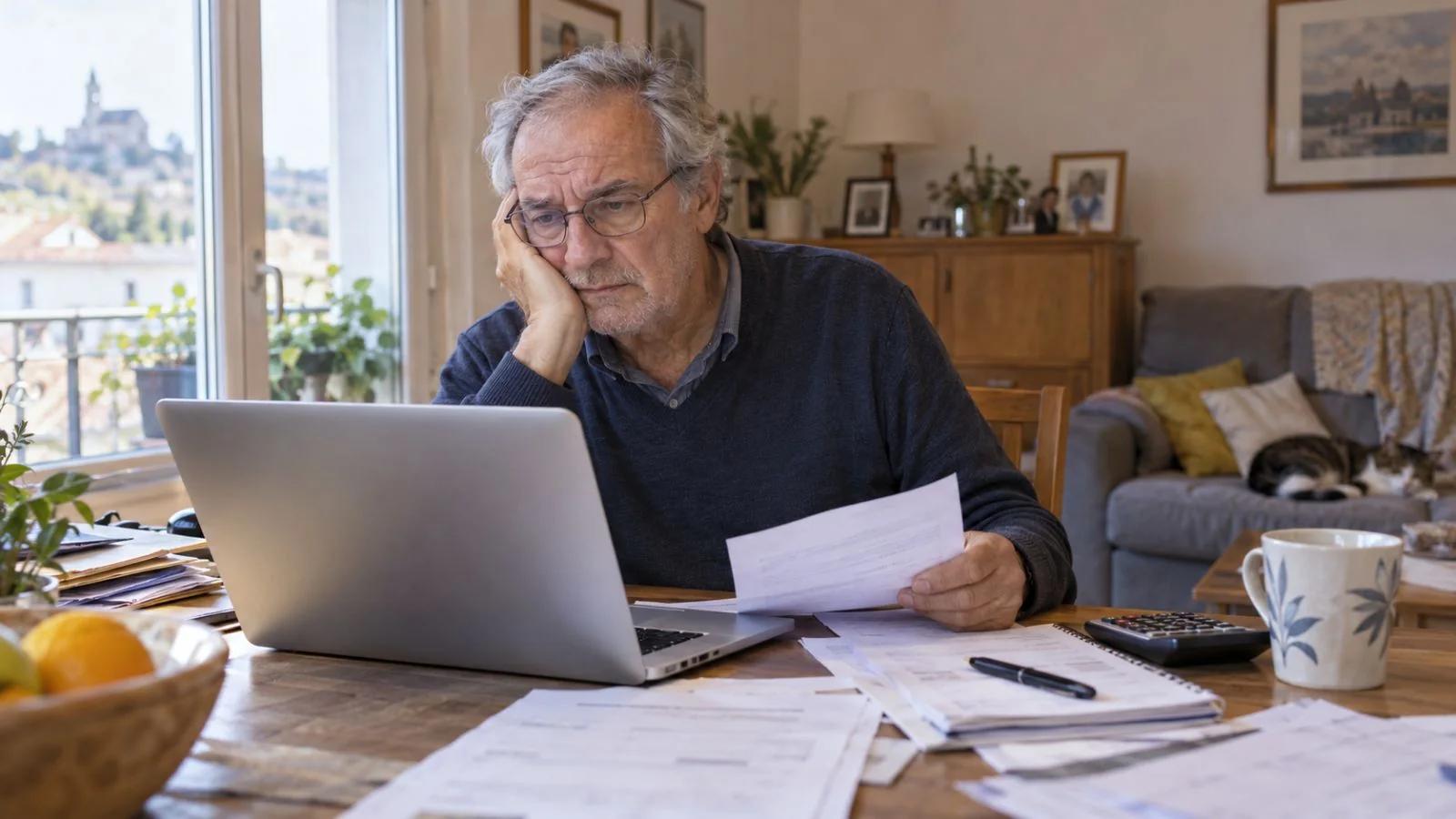 Un retraité préoccupé consulte ses documents et ses comptes devant son ordinateur