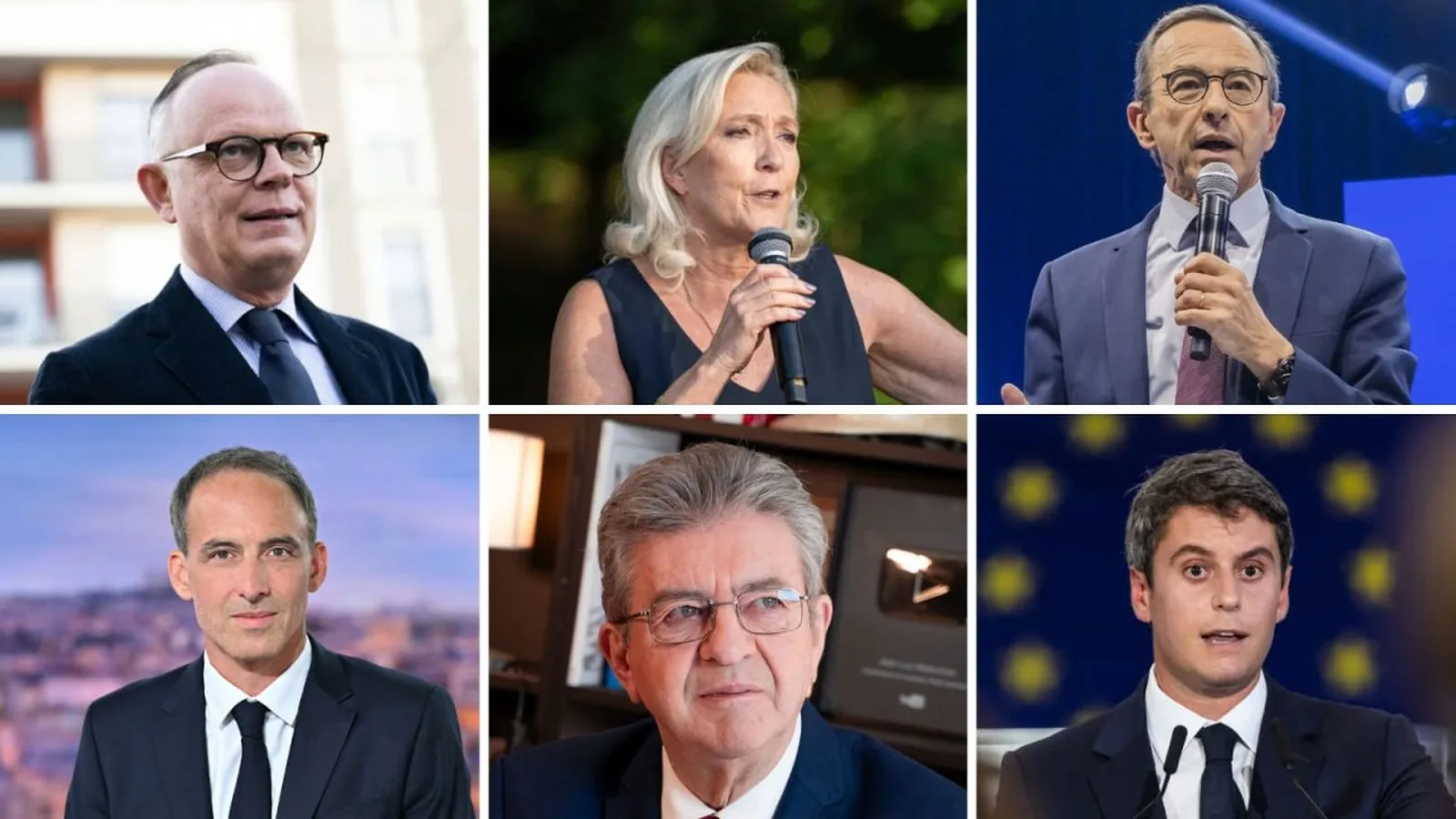 Gabriel Attal, Marine Le Pen, Bruno Retailleau, Raphaël Glucksmann, Jean-Luc Mélenchon et Édouard Philippe
