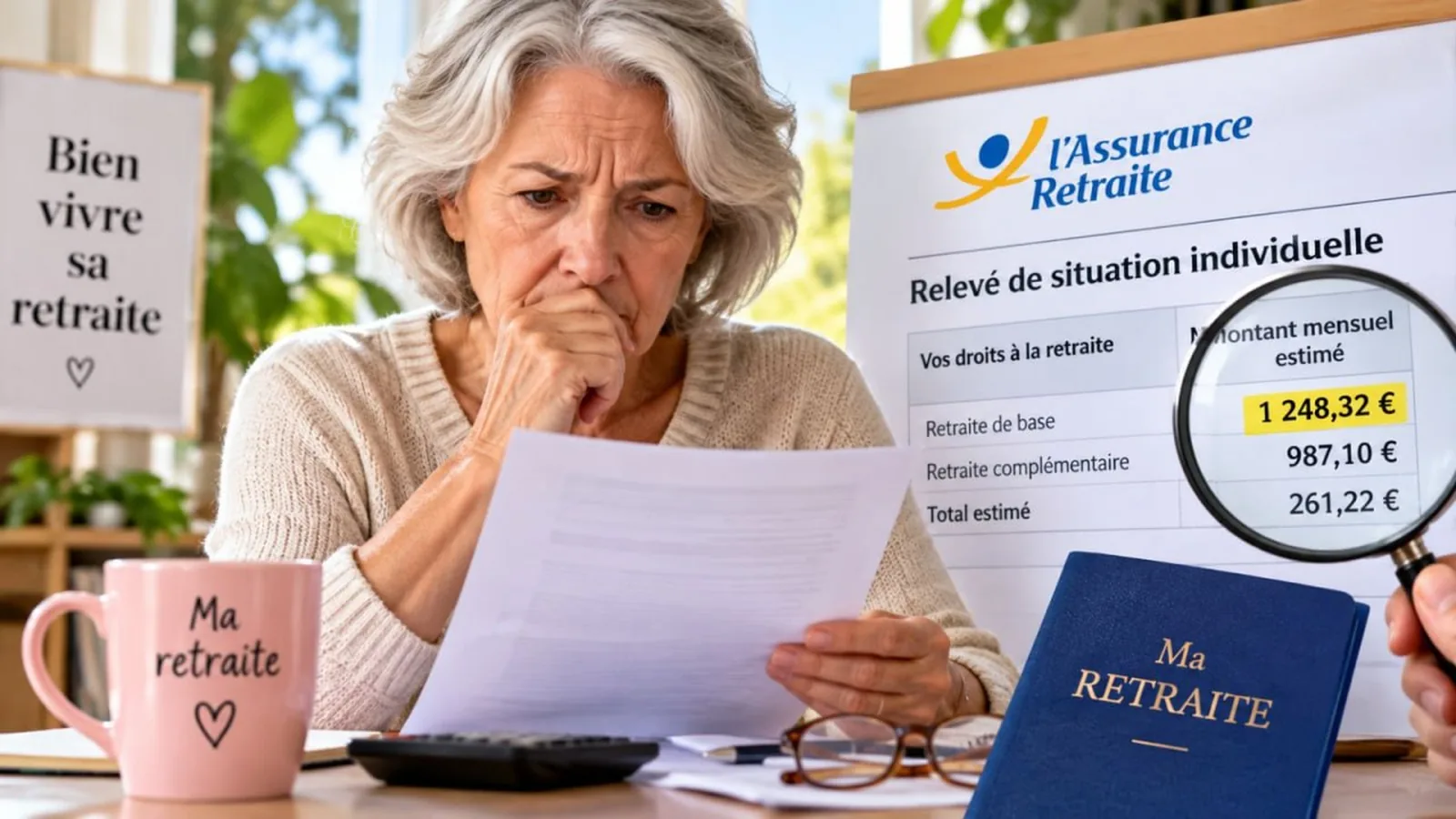 Une retraitée inquiète examine son relevé de carrière et le montant estimé de sa pension